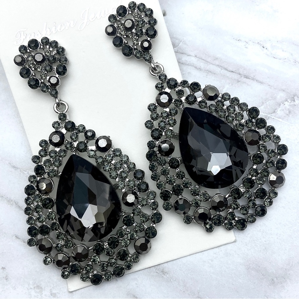 Charcoal Grey Austrian Crystal Chandelier Earrings  Prom Pageant Bridal … - Picture 6 of 6